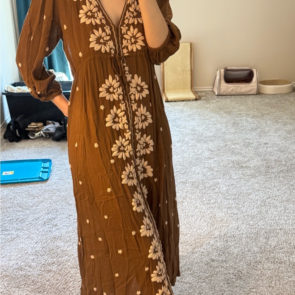Free People Floral Embroidered Brown Maxi Dress